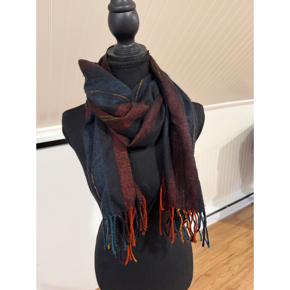 Vtg 80s Christian Dior Monsieur Scarf Vintage Plaid Fringe Blue Red Japan